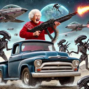 una anciana con metralletas sobre una camioneta voladora con propulsión a chorro peleando contra invasores extraterrestres en forma de pescado