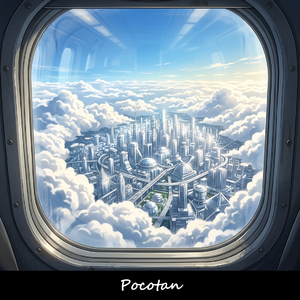 雲を抜ける飛行機の窓から見たプラチナの街