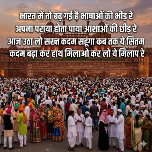 भारत में तो बढ़ गई है भाषाओं की भीड़ रे अपना पराया होता पाया आशाओं की छीड़ रे आज उठा लो सख्त कदम सहूंगा कब तक ये सितम कदम बढ़ा कर हाथ मिलाओ कर लो ये मिलाप रे