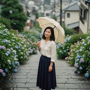 紫陽花の坂道、母の日傘 _ 白石 栞