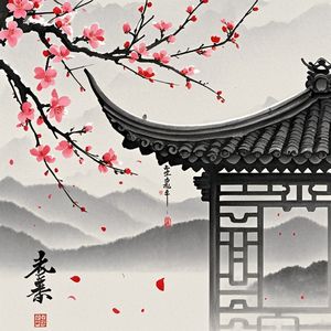 花垂古檐红染墨色