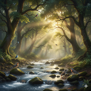 山涧溪水与清晨林间鸟鸣