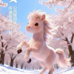 樱花雪地上的小马