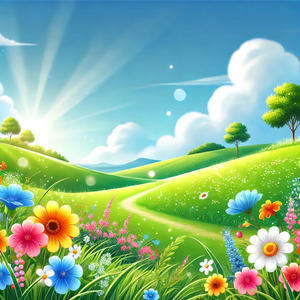 青空と緑豊かな草原が広がる爽やかな自然