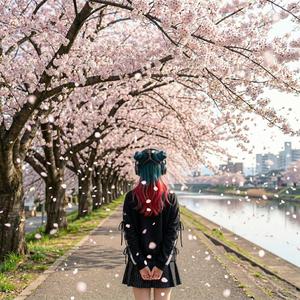 桜が舞い上がる道で