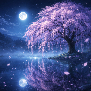 朝霧と月影のしだれ桜