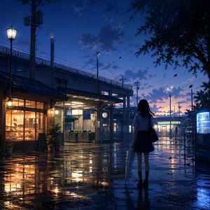 夕立あとの駅前で