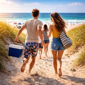 Springer ner till stranden