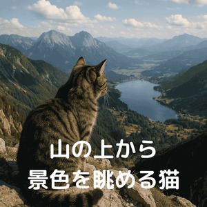 山の上から景色を眺める猫