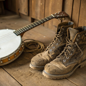 ほこりまみれのブーツとバンジョーの弦