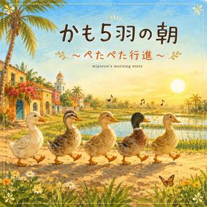 かも5羽の朝 〜ぺたぺた行進〜