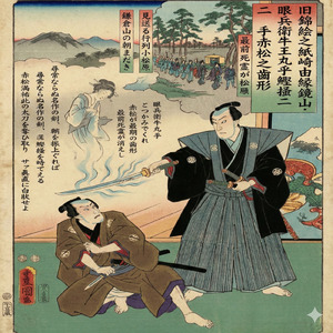 旧錦絵之紙崎由縁鏡山・眼兵衛牛王丸乎鰹掻二手赤松之齒形