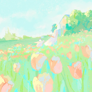 雨在阳光照耀中落下而我刚好路过一家被鲜花包围的旧书店