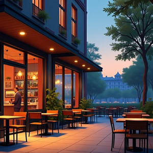 春風に揺れるカフェテラス