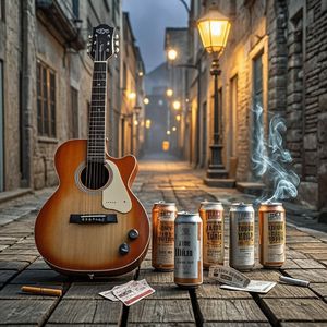 旧吉他与空啤酒罐