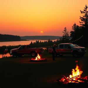 The girls are waving flags on the tailgate of the trucks