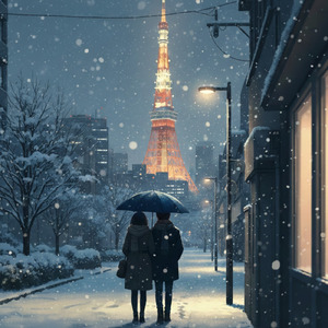 夜の東京に雪が降る