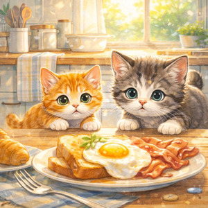 抜き足、差し足、食べ物を盗もうとしている子猫たち