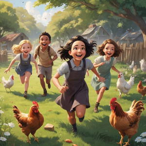 Friends gather, oh so loud Chasing chickens, with a smile