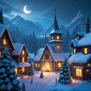 聖夜を楽しむ雪国の町