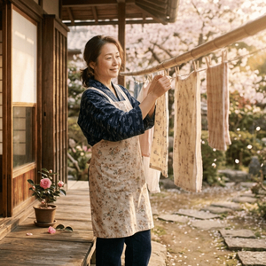 春の縁側、母のエプロン