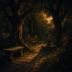 Evening shadows of a century-old garden. Centuries pass.