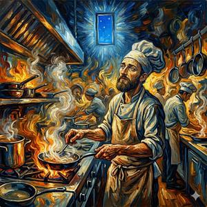Huit heures que le inox reflète ma fatigue, Huit heures que je tourne, que je cours, que je digue. L’air est épais, noyé de vapeur et d’épices, Je suis l’esclave volontaire de ce sombre supplice. La chaleur s’empare de mes pensées ralenties, Mes rêve