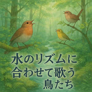 木々と流れの中で歌う鳥たち