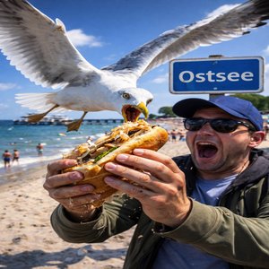 Möwen klauen Fischbrötchen