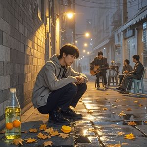 巷口路灯亮着