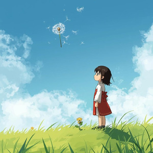 微笑みながらタンポポが飛んでいく