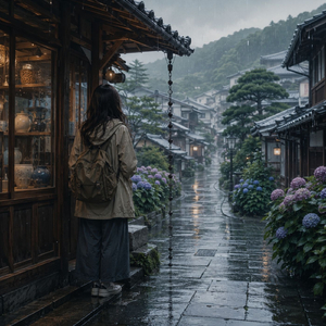 軒下で聴く雨の音