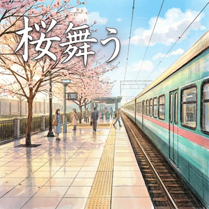 桜舞う駅のホーム