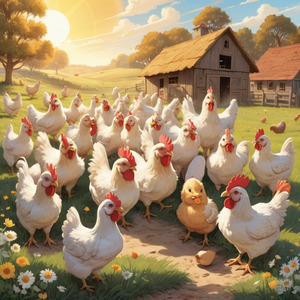 Chickens cluck, bunnies hop, in the sun's ray and have fun