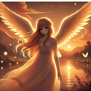 黄色い夕陽と天使の少女