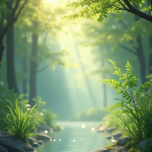 静かな森の中、朝露が光る景色