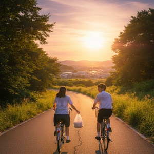 自転車漕いで坂道の途中