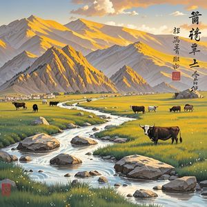 郭正英裕固民族水墨画西北山间溪-吴志平写歌