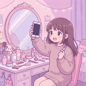 鏡の前のメイク時間