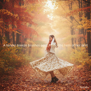 A tender breeze brushes past, lifting the hem of her skirt