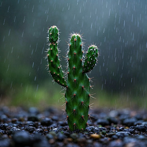 雨の中のサボテン