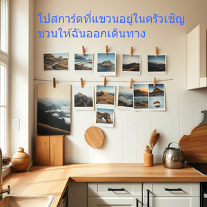โปสการ์ดที่แขวนอยู่ในครัวเชิญชวนให้ฉันออกเดินทาง