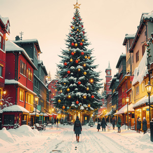 雪降る街のクリスマスツリー