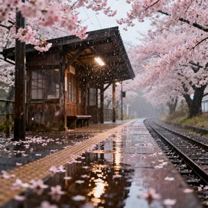桜舞う駅のホーム