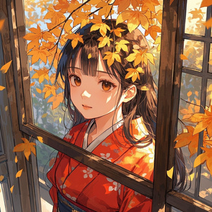 紅葉の窓辺