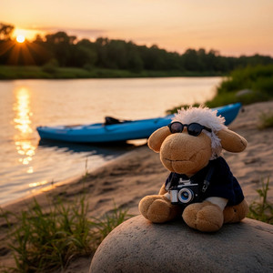 Ein kleines Schaf steht früh am Fluss