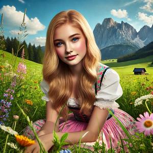 Eine Alpenbarbie sitzt im Gras