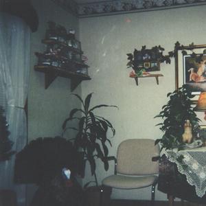 The light grey house is blue at night.