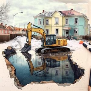 Экскаватор моет ковш