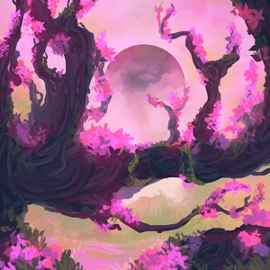 cherry blossoms explode across the dying horizon